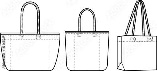 Front, side, and perspective views of a tote bag with rope handles and stitched details fashion illustration