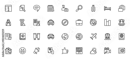 Travel icon set. Vector illustration. Minimal line ions pack. Includes symbolsfor airplane, passport, hoel, luggage, vacation, guie book, compass, tourist ad more.