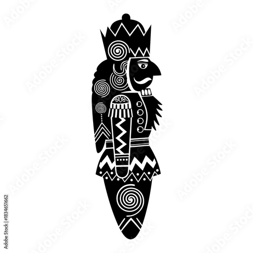 Black and white illustration of a traditional nutcracker with a crown and patterned details