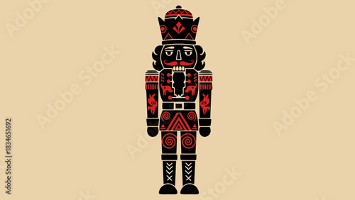 Traditional Nutcracker Soldier in Red and Black Patterned Uniform with Ornate Crown