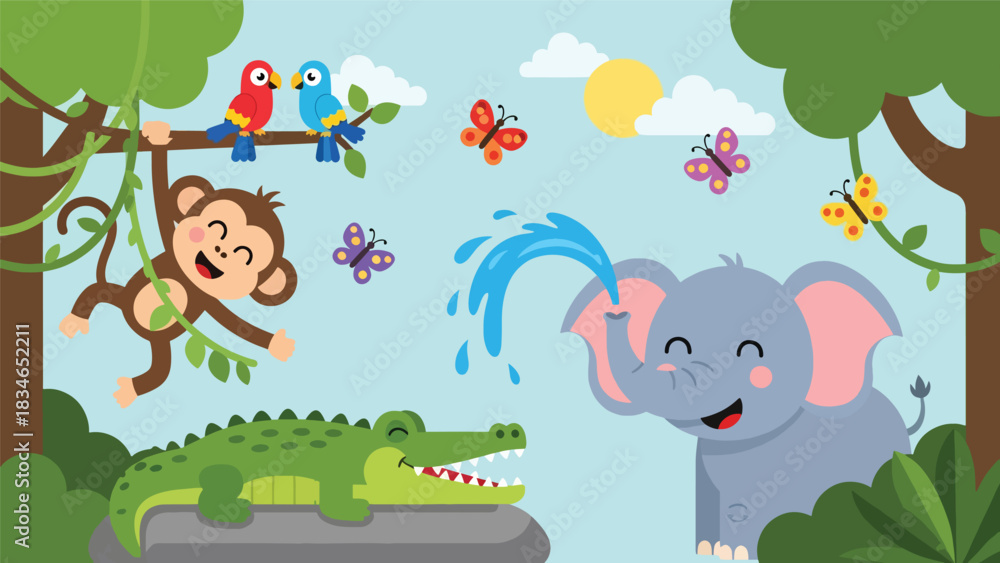 Fototapeta premium Flat style cute kids vector illustration of happy jungle animals near a waterfall including monkey, elephant, crocodile, and parrots. Ideal for children books, posters, and education themes
