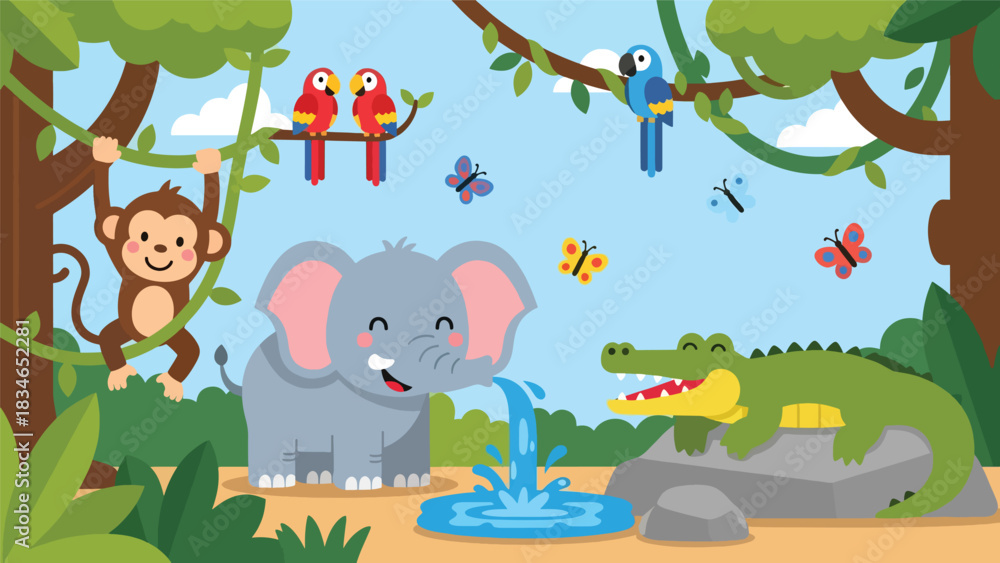 Naklejka premium Flat style cute kids vector illustration of happy jungle animals near a waterfall including monkey, elephant, crocodile, and parrots. Ideal for children books, posters, and education themes