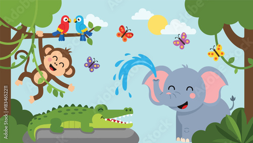 Flat style cute kids vector illustration of happy jungle animals near a waterfall including monkey, elephant, crocodile, and parrots. Ideal for children books, posters, and education themes