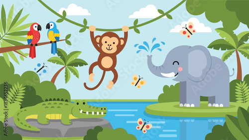 Flat style cute kids vector illustration of happy jungle animals near a waterfall including monkey, elephant, crocodile, and parrots. Ideal for children books, posters, and education themes