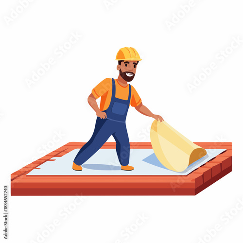 A construction worker in overalls and a hard hat carefully lays a large piece of material on a brick surface, focused on his task.