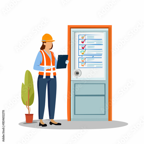 A female construction worker in safety gear reviews a checklist on a door, ensuring project compliance and attention to detail.