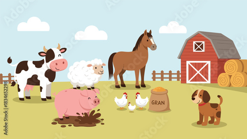 Flat cute kids vector farm scene with smiling cow, horse, chicken, pig, and sheep near a red barn. Perfect for preschool learning, storybooks, and playful farm designs