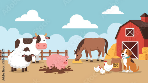 Flat cute kids vector farm scene with smiling cow, horse, chicken, pig, and sheep near a red barn. Perfect for preschool learning, storybooks, and playful farm designs