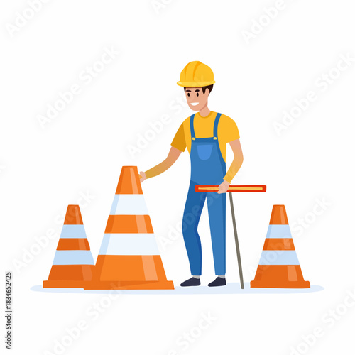 A construction worker in a yellow hard hat and blue overalls is placing traffic cones on a white background, setting up a road safety zone.