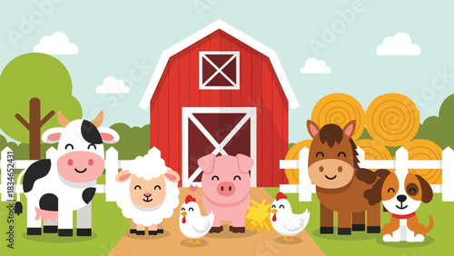 Flat cute kids vector farm scene with smiling cow, horse, chicken, pig, and sheep near a red barn. Perfect for preschool learning, storybooks, and playful farm designs