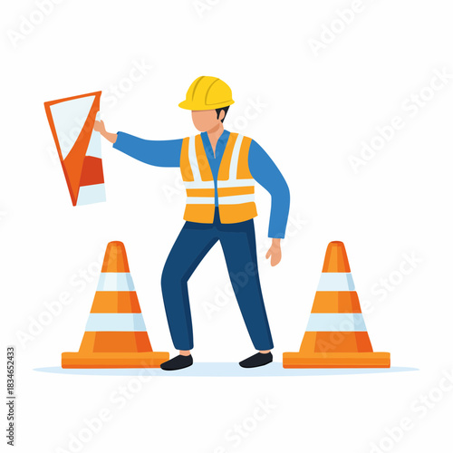 A construction worker in safety gear directs traffic near orange traffic cones, ensuring road safety and proper guidance during roadwork.