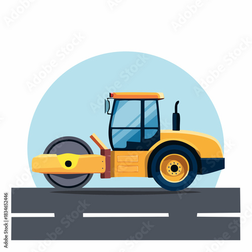 A vibrant illustration showcases a road roller, depicted in a cartoon style, compacting asphalt on a freshly paved road, under a clear blue sky.