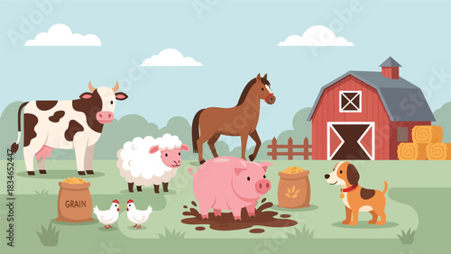 Flat cute kids vector farm scene with smiling cow, horse, chicken, pig, and sheep near a red barn. Perfect for preschool learning, storybooks, and playful farm designs