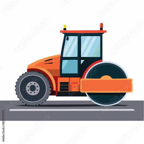 A vibrant illustration showcases a road roller, essential for construction, depicted in a flat, colorful style against a white backdrop, ready for use.