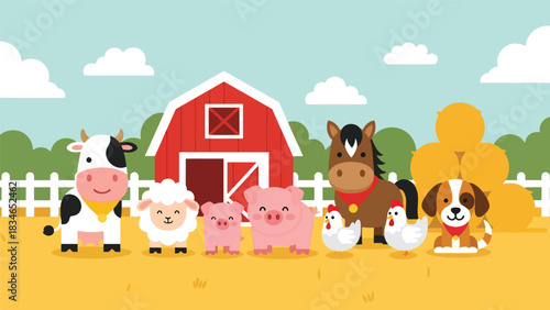 Flat cute kids vector farm scene with smiling cow, horse, chicken, pig, and sheep near a red barn. Perfect for preschool learning, storybooks, and playful farm designs
