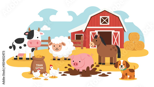 Flat cute kids vector farm scene with smiling cow, horse, chicken, pig, and sheep near a red barn. Perfect for preschool learning, storybooks, and playful farm designs