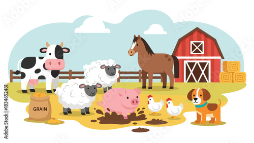 Flat cute kids vector farm scene with smiling cow, horse, chicken, pig, and sheep near a red barn. Perfect for preschool learning, storybooks, and playful farm designs