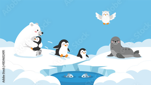 Flat cute kids vector featuring polar bear, penguins, seal, and snowy owl in a frozen winter habitat. Ideal for educational posters, flashcards, and playful winter content