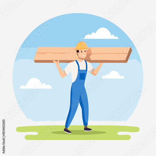 A construction worker carries wooden planks over his shoulders, working on a sunny day with a blue sky and fluffy clouds in the background.