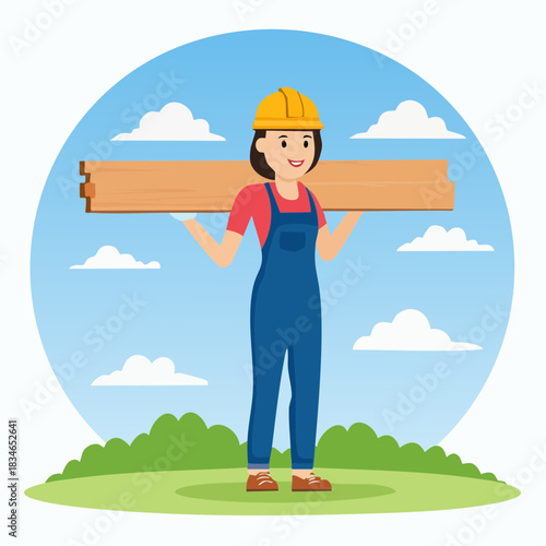 A female construction worker, wearing a yellow hard hat and blue overalls, carries a wooden plank across her shoulders in a sunny outdoor setting.
