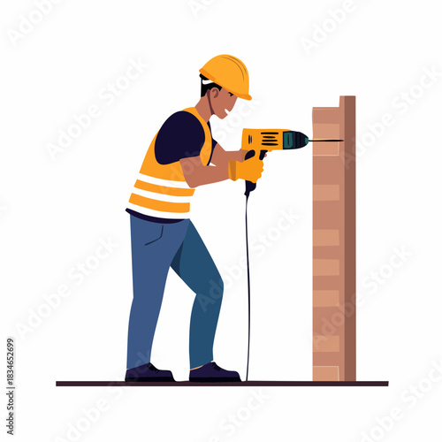 A construction worker uses a power drill to bore a hole into a wooden beam, showcasing construction and building concepts with safety gear.