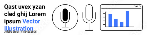 Audio technology, media recording, presentation design, data analysis, sound systems, digital interfaces. Microphone icons and a chart dashboard on a screen. Audio technology and data analysis