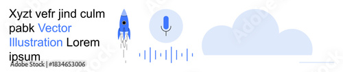 Technology, innovation, sound recording, cloud storage, audio media, futuristic design. Minimalist design showing blue rocket, microphone with sound waves and cloud icon. Technology and innovation