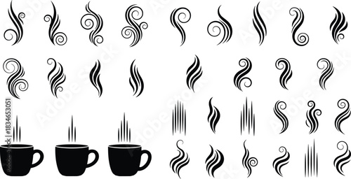 Coffee steam swirl design collection, abstract smoke shapes, decorative vapor patterns, espresso aroma art, barista branding elements, hot beverage inspiration
