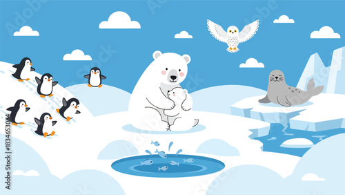 Flat cute kids vector featuring polar bear, penguins, seal, and snowy owl in a frozen winter habitat. Ideal for educational posters, flashcards, and playful winter content
