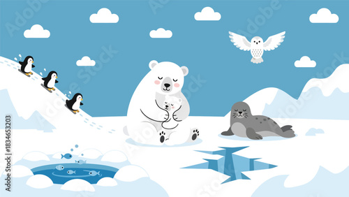 Flat cute kids vector featuring polar bear, penguins, seal, and snowy owl in a frozen winter habitat. Ideal for educational posters, flashcards, and playful winter content