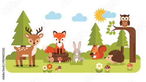 Flat cute kids vector meadow scene with deer, fox, rabbit, squirrel, owl, and hedgehog surrounded by flowers. Great for nursery decor, preschool content, and children design