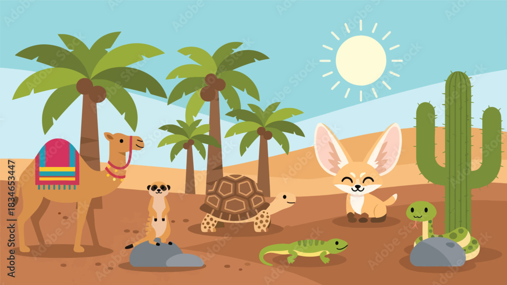 Αυτοκόλλητο Flat style cute kids vector desert scene with camel, meerkat, tortoise, lizard, fennec fox, and cactus near an oasis