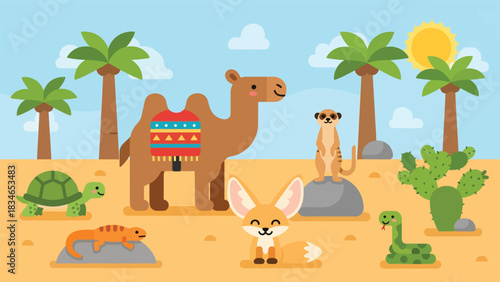 Flat style cute kids vector desert scene with camel, meerkat, tortoise, lizard, fennec fox, and cactus near an oasis. Perfect for learning materials and travel-themed kids artwork