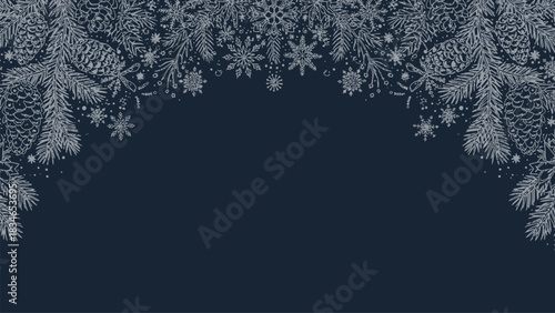 Elegant winter holiday background with delicate snowflake and pine bough details creating a festive border perfect for seasonal greetings and designs