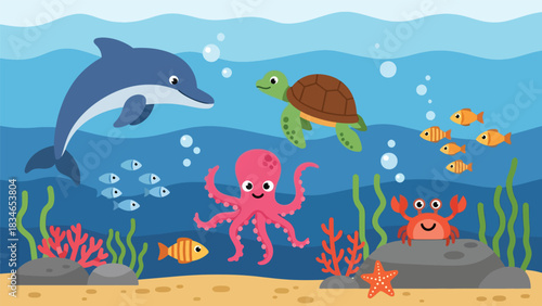 Flat style cute kids vector blue ocean scene with dolphin, fish, crab, octopus, and turtle swimming around coral. Suitable for children books, games, and playful sea projects