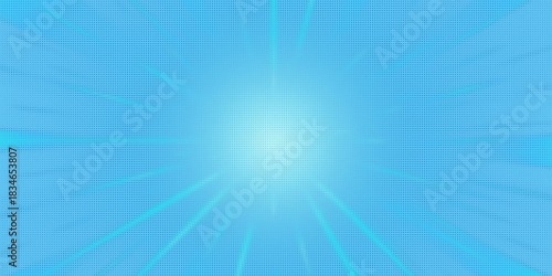Anime explosion background with radial lines - dynamic starburst with speed motion effect. Blue and white halftone pattern for superhero action in manga comic book style. Stylized decorative bg