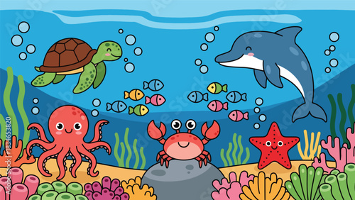Flat style cute kids vector blue ocean scene with dolphin, fish, crab, octopus, and turtle swimming around coral. Suitable for children books, games, and playful sea projects