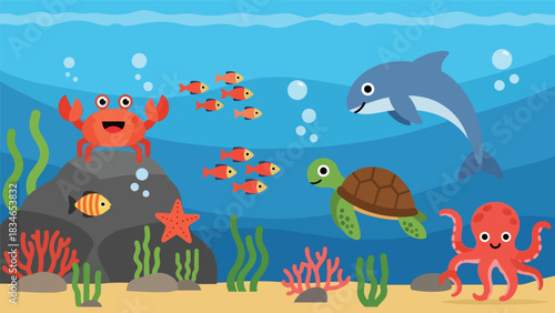 Flat style cute kids vector blue ocean scene with dolphin, fish, crab, octopus, and turtle swimming around coral. Suitable for children books, games, and playful sea projects