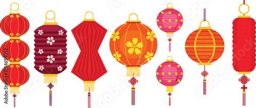 Chinese lantern set, red and orange, festive decoration, floral patterns, tassels, cultural celebration, Lunar New Year, traditional design, prosperity