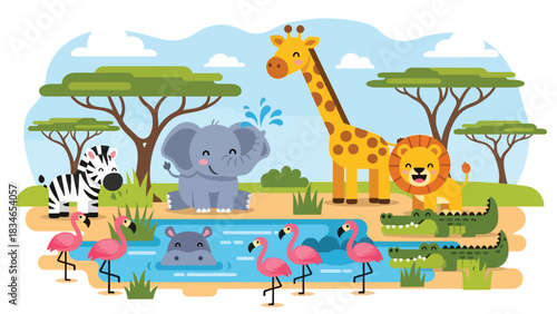 Flat cute kids vector safari scene with giraffe, elephant, lion, hippo, zebra, and flamingos around a watering hole. Ideal for nursery decor and early learning materials