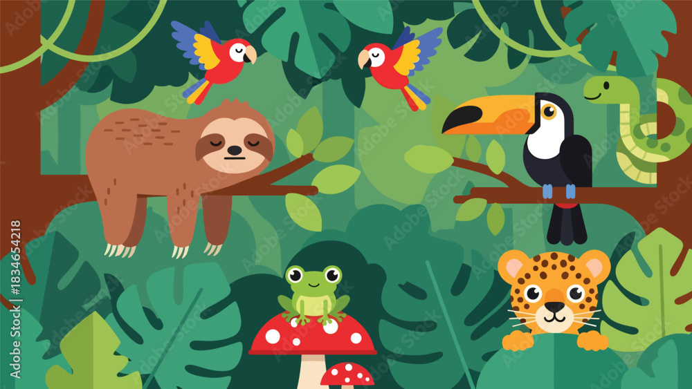 Fototapeta premium Flat cute kids vector rainforest scene with sloth, toucan, jaguar cub, parrots, and tree frog surrounded by large tropical leaves. Ideal for playful educational content