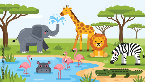 Flat cute kids vector safari scene with giraffe, elephant, lion, hippo, zebra, and flamingos around a watering hole. Ideal for nursery decor and early learning materials