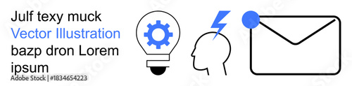 Innovation, communication, email systems, technology, energy, brainstorming. Vector graphic shows a lightbulb with a gear, head with lightning bolt and envelope with notification. Innovation