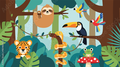 Flat cute kids vector rainforest scene with sloth, toucan, jaguar cub, parrots, and tree frog surrounded by large tropical leaves. Ideal for playful educational content