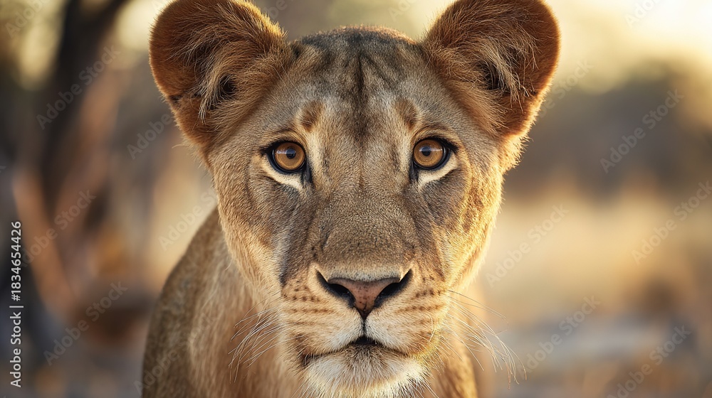 Obraz premium ferocity. Lioness with a focused gaze and detailed fur, bathed in golden savanna light with a natural habitat backdrop. wildlife magazines.