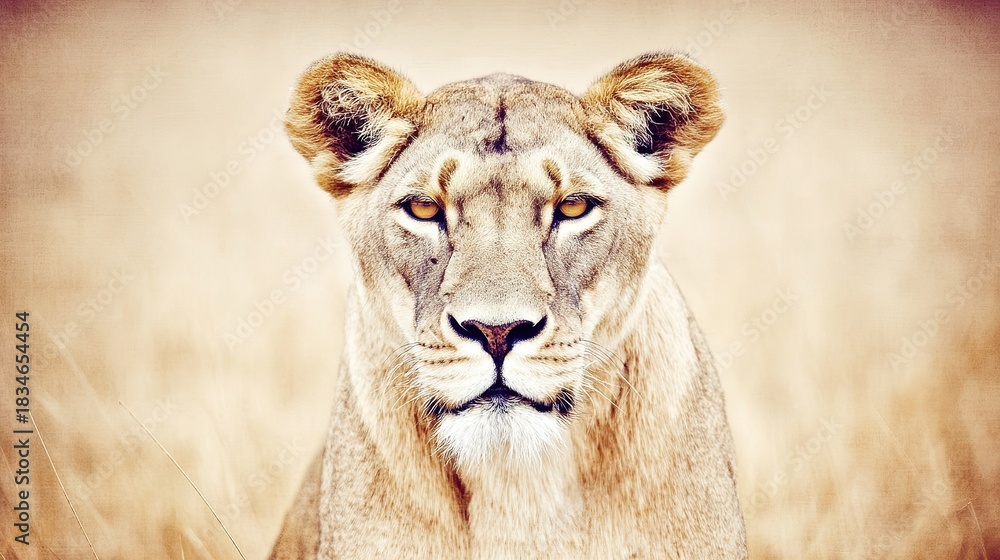 Obraz premium ferocity. Lioness with a focused gaze and detailed fur, bathed in golden savanna light with a natural habitat backdrop. wildlife magazines.