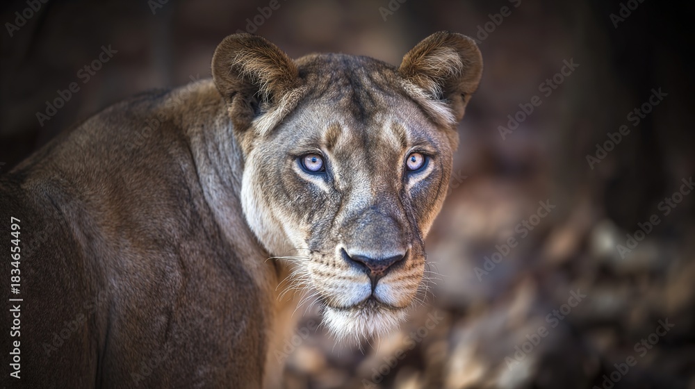 Naklejka premium ferocity. Lioness with a focused gaze and detailed fur, bathed in golden savanna light with a natural habitat backdrop. wildlife magazines.