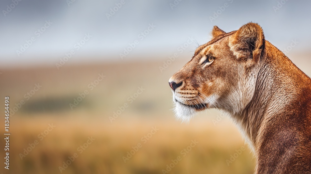Obraz premium ferocity. Lioness with a focused gaze and detailed fur, bathed in golden savanna light with a natural habitat backdrop. wildlife magazines.