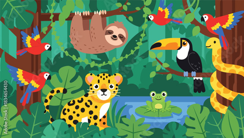 Flat cute kids vector rainforest scene with sloth, toucan, jaguar cub, parrots, and tree frog surrounded by large tropical leaves. Ideal for playful educational content