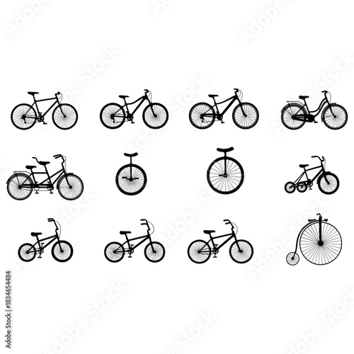 Collection of Diverse Bicycle Silhouettes Including Tandem, Unicycle, Penny Farthing, and Modern Styles